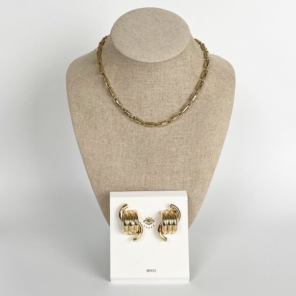 Anthropologie Gold Chain Necklace & Earrings Set Chunky Old Money Quiet Luxury - Picture 1 of 4
